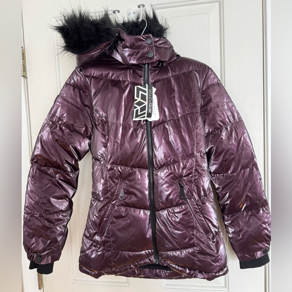 Justice Metallic Purple Puffer Jacket size 10 NWT